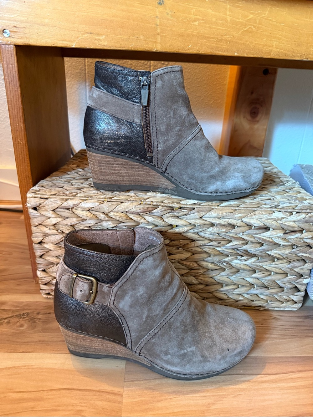 Dansko Taupe Suede & Brown Leather Wedge Ankle Boots